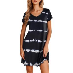 Ekouaer Nightgowns for Women Short Sleeve Sleepshirt V Neck Short Nightshirt Pullover Soft Ruffled Sleepwear S-XXXL(Stripe)