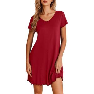 Ekouaer Nightgowns for Women Short Sleeve Sleepshirt V Neck Short Nightshirt Pullover Soft Ruffled Sleepwear S-XXXL(Wine Red)