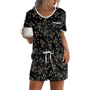 Ekouaer Pajama Set for Women 2 Piece Lounge Set Short Sleeve Tops and Shorts Soft Sleepwear, Chest Pocket(Black Cat-1)