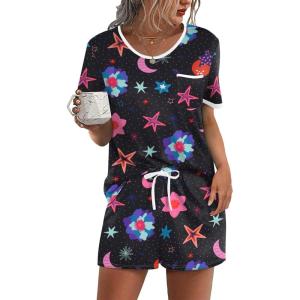 Ekouaer Pajama Set for Women 2 Piece Lounge Set Short Sleeve Tops and Shorts Soft Sleepwear, Chest Pocket(Black Star Sky)