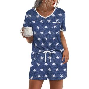 Ekouaer Pajama Set for Women 2 Piece Lounge Set Short Sleeve Tops and Shorts Soft Sleepwear, Chest Pocket(Blue Star)