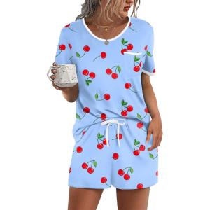Ekouaer Pajama Set for Women 2 Piece Lounge Set Short Sleeve Tops and Shorts Soft Sleepwear, Chest Pocket(Blue-cherry)