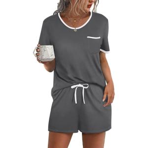 Ekouaer Pajama Set for Women 2 Piece Lounge Set Short Sleeve Tops and Shorts Soft Sleepwear, Chest Pocket(Dark Gray)