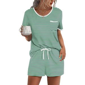 Ekouaer Pajama Set for Women 2 Piece Lounge Set Short Sleeve Tops and Shorts Soft Sleepwear, Chest Pocket(Green White Stripe)
