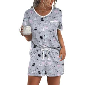Ekouaer Pajama Set for Women 2 Piece Lounge Set Short Sleeve Tops and Shorts Soft Sleepwear, Chest Pocket(Grey Owl)