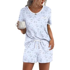 Ekouaer Pajama Set for Women 2 Piece Lounge Set Short Sleeve Tops and Shorts Soft Sleepwear, Chest Pocket(Light Blue Cat)