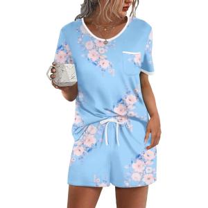 Ekouaer Pajama Set for Women 2 Piece Lounge Set Short Sleeve Tops and Shorts Soft Sleepwear, Chest Pocket(Light Blue Flower)