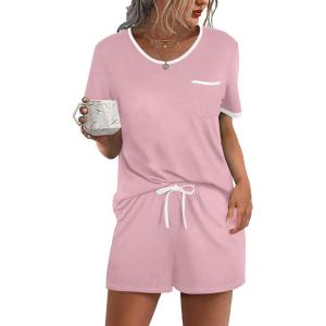 Ekouaer Pajama Set for Women 2 Piece Lounge Set Short Sleeve Tops and Shorts Soft Sleepwear, Chest Pocket(Pink)