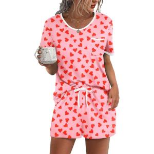 Ekouaer Pajama Set for Women 2 Piece Lounge Set Short Sleeve Tops and Shorts Soft Sleepwear, Chest Pocket(Pink Red Love)
