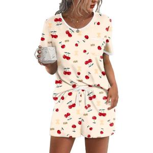 Ekouaer Pajama Set for Women 2 Piece Lounge Set Short Sleeve Tops and Shorts Soft Sleepwear, Chest Pocket(Teddy-apricot Cherry)
