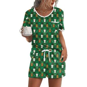 Ekouaer Pajama Set for Women 2 Piece Lounge Set Short Sleeve Tops and Shorts Soft Sleepwear, Chest Pocket(Teddy-green Christmas)