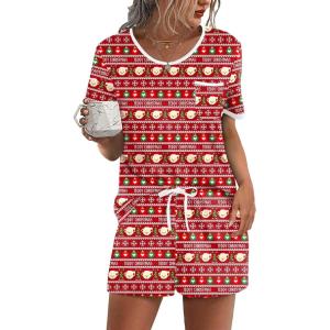 Ekouaer Pajama Set for Women 2 Piece Lounge Set Short Sleeve Tops and Shorts Soft Sleepwear, Chest Pocket(Teddy-red Christmas)