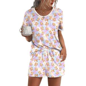 Ekouaer Pajama Set for Women 2 Piece Lounge Set Short Sleeve Tops and Shorts Soft Sleepwear, Chest Pocket(Teddy-tye Die)