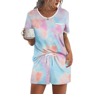 Ekouaer Pajama Set for Women 2 Piece Lounge Set Short Sleeve Tops and Shorts Soft Sleepwear, Chest Pocket(Tie Dye)