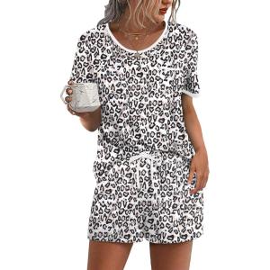 Ekouaer Pajama Set for Women 2 Piece Lounge Set Short Sleeve Tops and Shorts Soft Sleepwear, Chest Pocket(White Leopard)