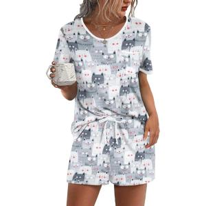 Ekouaer Pajama Set for Women 2 Piece Lounge Set Short Sleeve Tops and Shorts Soft Sleepwear, Chest Pocket(White-gray Cats)