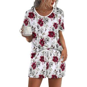 Ekouaer Pajama Set for Women 2 Piece Lounge Set Short Sleeve Tops and Shorts Soft Sleepwear, Chest Pocket(Wine Red Flower)