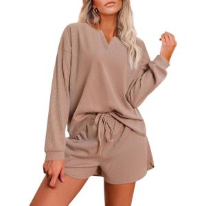 Ekouaer Pajama Set for Women Waffle Knit Lounge Sets Long Sleeve Top and Shorts Sleepwear Matching Loungewear S-XXL(Beige)