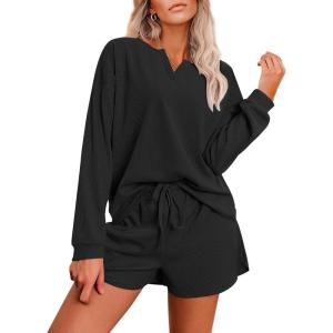 Ekouaer Pajama Set for Women Waffle Knit Lounge Sets Long Sleeve Top and Shorts Sleepwear Matching Loungewear S-XXL(Black)