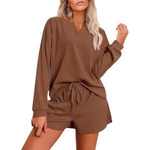 Ekouaer Pajama Set for Women Waffle Knit Lounge Sets Long Sleeve Top and Shorts Sleepwear Matching Loungewear S-XXL(Caramel)