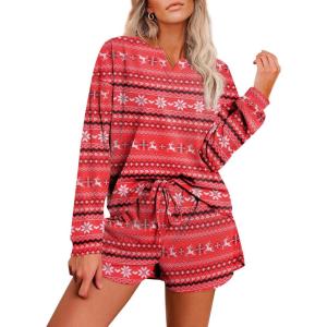 Ekouaer Pajama Set for Women Waffle Knit Lounge Sets Long Sleeve Top and Shorts Sleepwear Matching Loungewear S-XXL(Christmas Red)