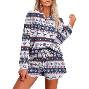 Ekouaer Pajama Set for Women Waffle Knit Lounge Sets Long Sleeve Top and Shorts Sleepwear Matching Loungewear S-XXL(Christmas White)