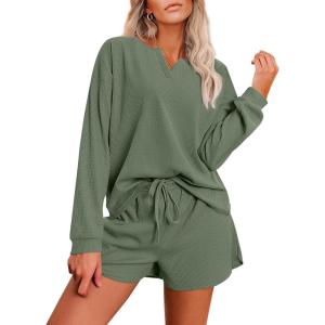 Ekouaer Pajama Set for Women Waffle Knit Lounge Sets Long Sleeve Top and Shorts Sleepwear Matching Loungewear S-XXL(Dark Green)