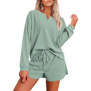Ekouaer Pajama Set for Women Waffle Knit Lounge Sets Long Sleeve Top and Shorts Sleepwear Matching Loungewear S-XXL(Gray Green)
