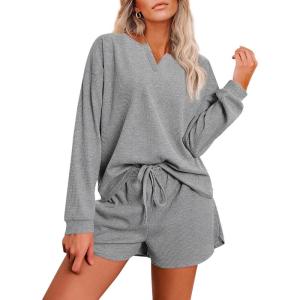 Ekouaer Pajama Set for Women Waffle Knit Lounge Sets Long Sleeve Top and Shorts Sleepwear Matching Loungewear S-XXL(Light Grey)