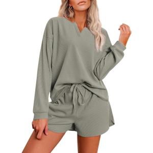 Ekouaer Pajama Set for Women Waffle Knit Lounge Sets Long Sleeve Top and Shorts Sleepwear Matching Loungewear S-XXL(Olive Green)