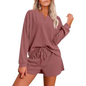 Ekouaer Pajama Set for Women Waffle Knit Lounge Sets Long Sleeve Top and Shorts Sleepwear Matching Loungewear S-XXL(Rose Red)