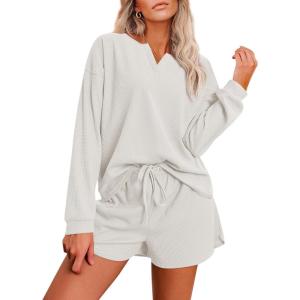 Ekouaer Pajama Set for Women Waffle Knit Lounge Sets Long Sleeve Top and Shorts Sleepwear Matching Loungewear S-XXL(White)
