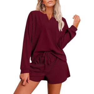 Ekouaer Pajama Set for Women Waffle Knit Lounge Sets Long Sleeve Top and Shorts Sleepwear Matching Loungewear S-XXL(Wine Red)