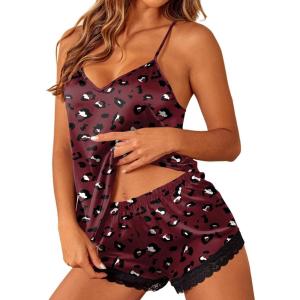 Ekouaer Satin Pajamas Women Lace Sleepwear Lingerie Cami Shorts Set Nightwear XS-XXL(Cheetah Wine Red)