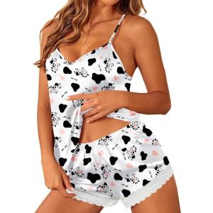Ekouaer Satin Pajamas Women Lace Sleepwear Lingerie Cami Shorts Set Nightwear XS-XXL(White Cow)