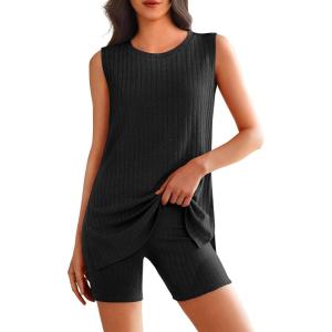 Ekouaer Womens 2 Piece Lounge Set Ribbed Knit Pajamas Sleeveless Sleepwear Biker Shorts Loungewear Outfit S-XXL(Black)
