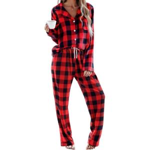 Ekouaer Womens Pajama Sets 2 Piece Cotton Plaid Pjs Long Sleeve Sleepwear Button Down Lounge Set with Pockets(Big Black Red Plaid)