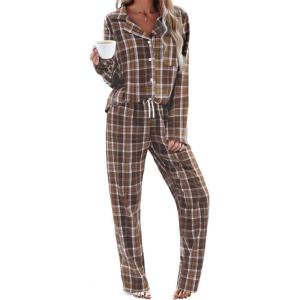 Ekouaer Womens Pajama Sets 2 Piece Cotton Plaid Pjs Long Sleeve Sleepwear Button Down Lounge Set with Pockets(Dark Brown Plaid)