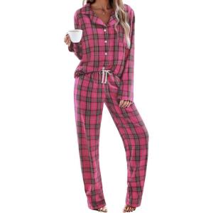 Ekouaer Womens Pajama Sets 2 Piece Cotton Plaid Pjs Long Sleeve Sleepwear Button Down Lounge Set with Pockets(Hot Pink Brown Plaid)