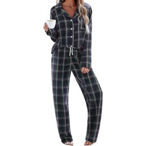 Ekouaer Womens Pajama Sets 2 Piece Cotton Plaid Pjs Long Sleeve Sleepwear Button Down Lounge Set with Pockets(Navy Blue/Green Plaid)