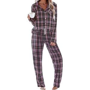 Ekouaer Womens Pajama Sets 2 Piece Cotton Plaid Pjs Long Sleeve Sleepwear Button Down Lounge Set with Pockets(Pink Black Plaid)