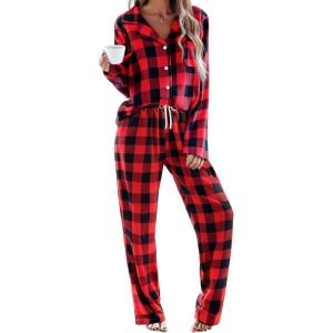 Ekouaer Womens Pajama Sets 2 Piece Cotton Plaid Pjs Long Sleeve Sleepwear Button Down Lounge Set with Pockets(Plaid-big Red Black)