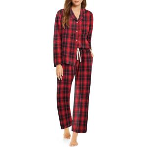 Ekouaer Womens Pajama Sets 2 Piece Cotton Plaid Pjs Long Sleeve Sleepwear Button Down Lounge Set with Pockets(Plaid-black Red)