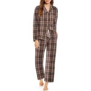 Ekouaer Womens Pajama Sets 2 Piece Cotton Plaid Pjs Long Sleeve Sleepwear Button Down Lounge Set with Pockets(Plaid-brown)