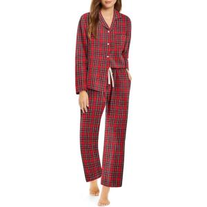 Ekouaer Womens Pajama Sets 2 Piece Cotton Plaid Pjs Long Sleeve Sleepwear Button Down Lounge Set with Pockets(Plaid-red Green)