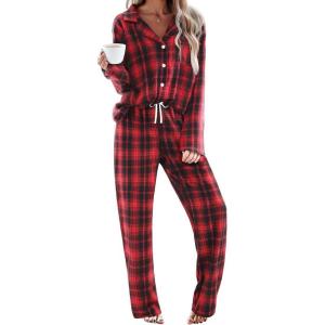 Ekouaer Womens Pajama Sets 2 Piece Cotton Plaid Pjs Long Sleeve Sleepwear Button Down Lounge Set with Pockets(Red Black Plaid)