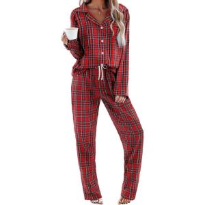 Ekouaer Womens Pajama Sets 2 Piece Cotton Plaid Pjs Long Sleeve Sleepwear Button Down Lounge Set with Pockets(Red Blue Green Plaid)