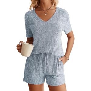 Ekouaer Womens Ribbed Knit Lounge Set Short Sleeve Top and Shorts Sleepwear Pajama Set Two Piece Shorts Outfits Set(Blue)