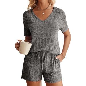 Ekouaer Womens Ribbed Knit Lounge Set Short Sleeve Top and Shorts Sleepwear Pajama Set Two Piece Shorts Outfits Set(Gray)