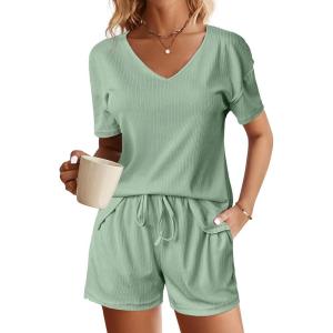 Ekouaer Womens Ribbed Knit Lounge Set Short Sleeve Top and Shorts Sleepwear Pajama Set Two Piece Shorts Outfits Set(Green)